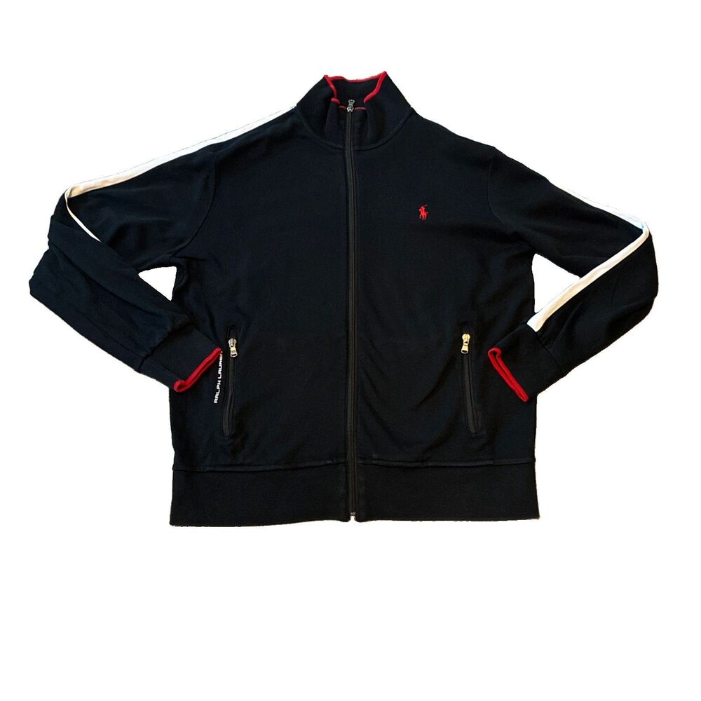 Polo Ralph Lauren Interlock Track Jacket Mens Black Pony Logo Sleeve Stripe Sz M